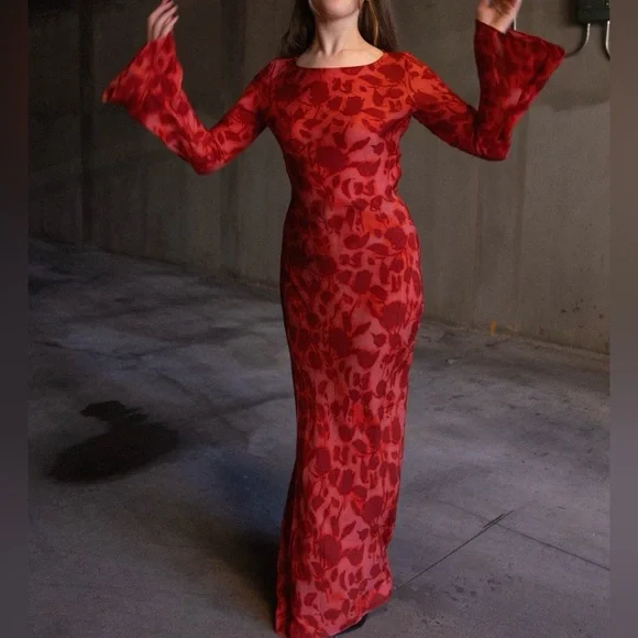 Realisation Par Red Floral Long-Sleeve Sheath Dress - Picture 1 of 7